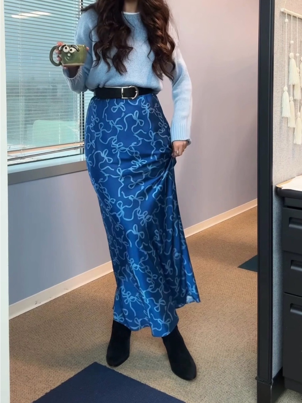 Glamorous Navy Blue A-Line Skirt with White Ribbon Print